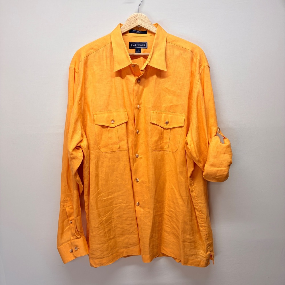Mens Linen Button Down Shirt Old Money Coastal Resortwear Preppy Orange XL